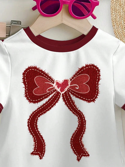 Girls Bow Printed White T-Shirt with Red & Matching Full Pant 2pcs Set (1yrs-12yrs)-0106