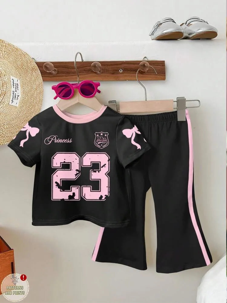 Girls Black & Pink “23” Graphic Printed T-Shirt with Full-Length Pants 2pcs set (1yrs-12yrs)-0107