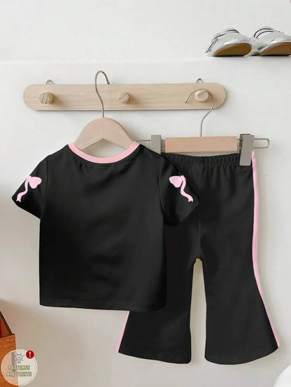 Girls Black & Pink “23” Graphic Printed T-Shirt with Full-Length Pants 2pcs set (1yrs-12yrs)-0107