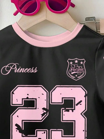 Girls Black & Pink “23” Graphic Printed T-Shirt with Full-Length Pants 2pcs set (1yrs-12yrs)-0107
