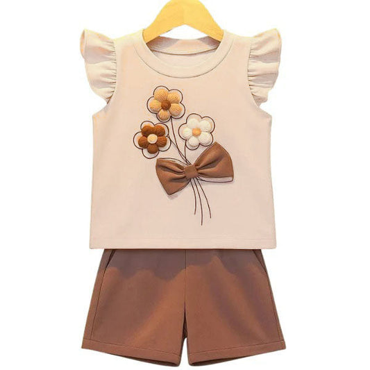 Baby Girl Flower Printed Cream T-Shirt with Matching Shorts 2pcs Set (3mths-6yrs)-0114