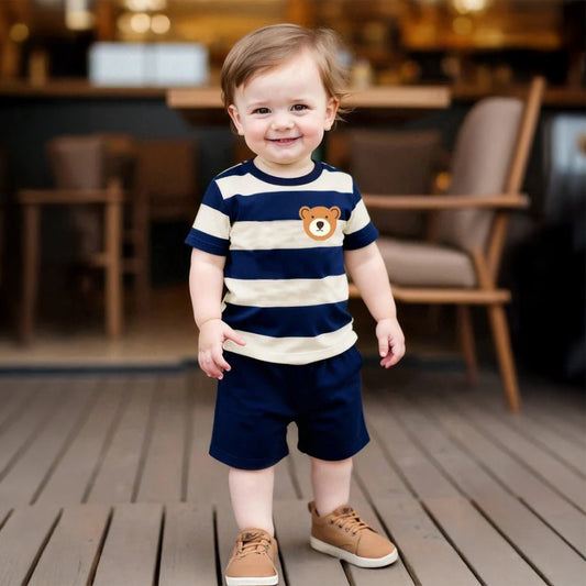 Boys Striped  Bear Printed T-Shirt & Shorts 2pcs Set (3mths-7yrs)-0028