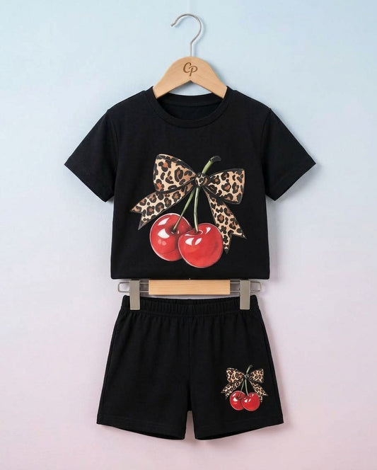 Girls Cherry Bow Printed T-Shirt & Shorts Set 15705